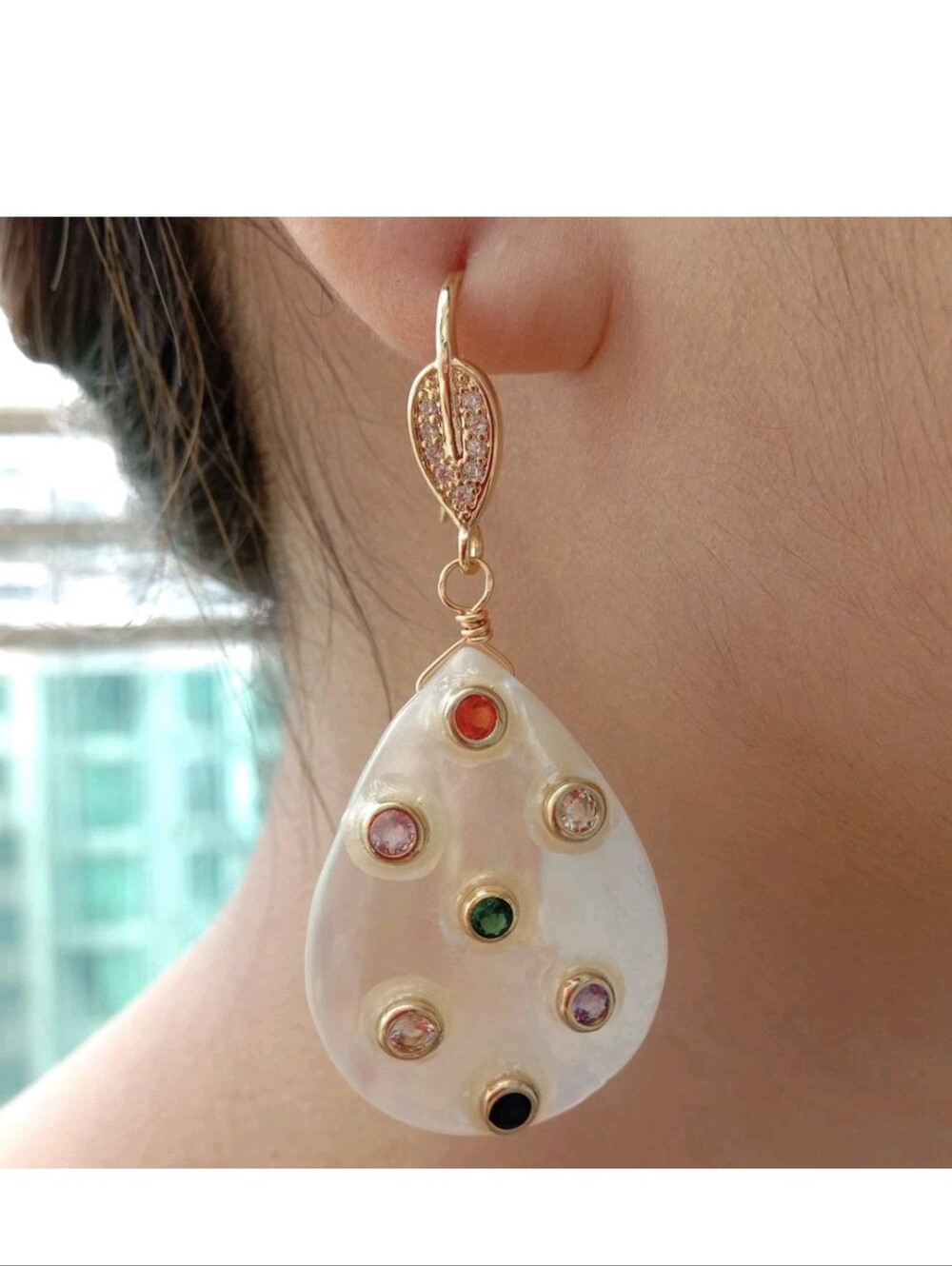 White Teardrop Shell Mop Trimmed With Multi Color Cz Dangle Hook Earrings